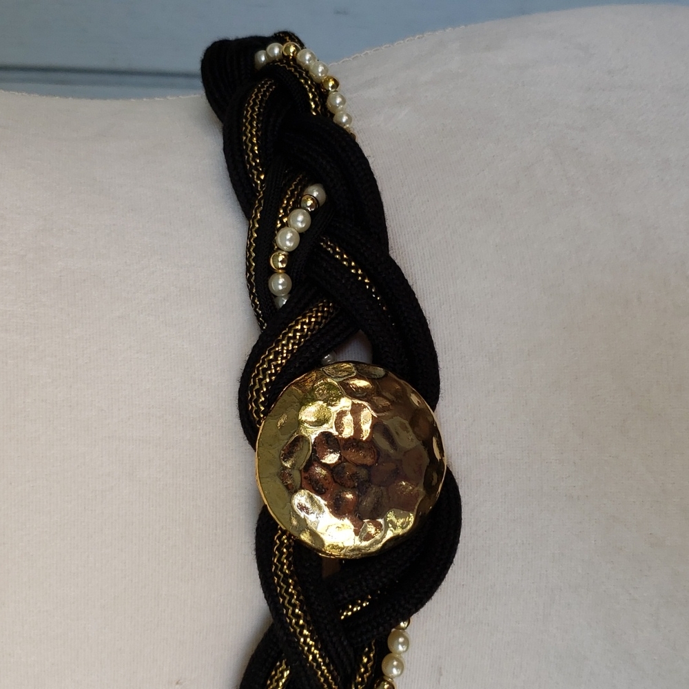 Vintage Belt Gold Buckle Pearls Braided Beads Rope